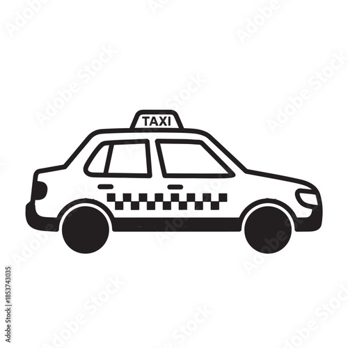 Simple black and white taxi illustration with a checkerboard stripe on a compact sedan.