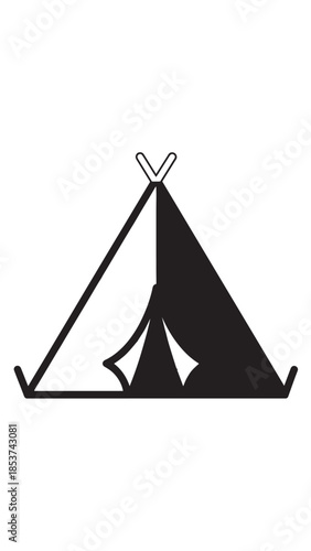 Minimal black tent icon representing camping and outdoor adventure for travel and leisure scenes.
