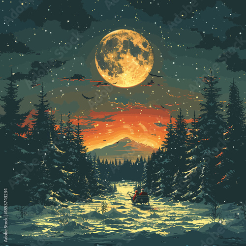 Enchanting Winter Night Vector Scene with Full Moon and Sleigh Ride