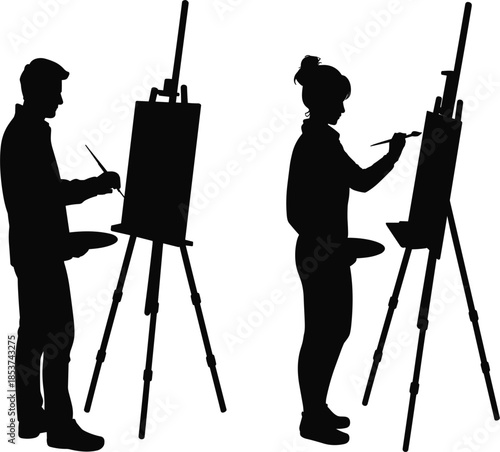 Professional Artists Silhouette Set Featuring Male and Female Painters Working at Easels with Palettes and Brushes