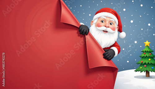 Santa Claus joyfully holding a big red banner in a snowy landscape with a Christmas tree