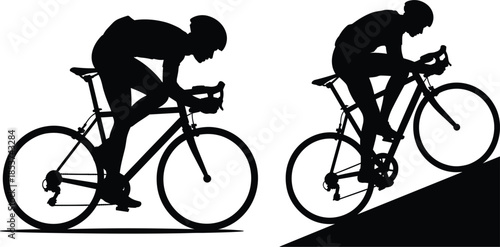 Professional Road Cyclist Silhouette Set Featuring Athletes Racing on Flat Ground and Uphill Mountain Terrain