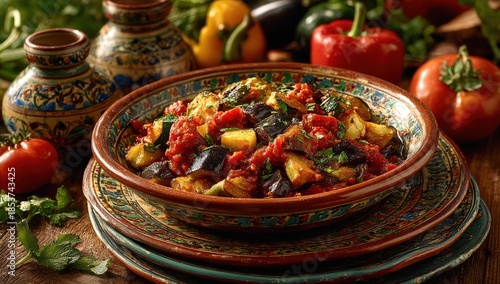 Colorful dish of roasted vegetables with rich tomato sauce served in decorative bowl, surrounded by fresh herbs and vibrant peppers, showcasing culinary artistry and cultural heritage