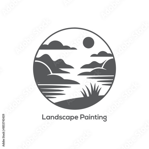 Minimal Landscape Painting Icon with Mountains, Lake and Sun, Monochrome Circular Nature Scene Logo for Art and Design Projects

