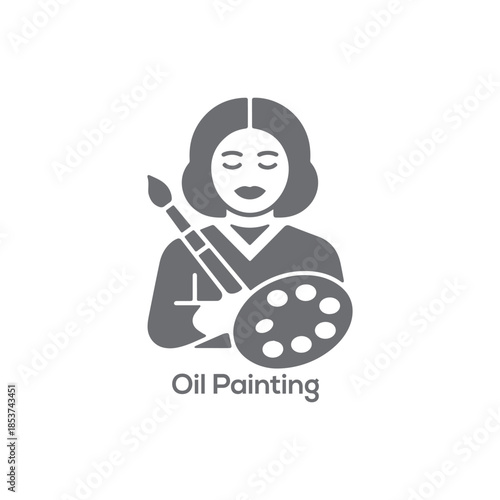 Female Artist Icon with Palette and Brushes, Minimal Oil Painting Logo, Monochrome Vector Symbol for Creative Art Studio Branding

