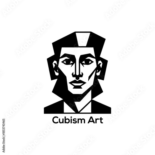 Cubism Art Logo of Geometric Human Face, Minimalist Black and White Abstract Portrait Icon for Modern Design and Branding

