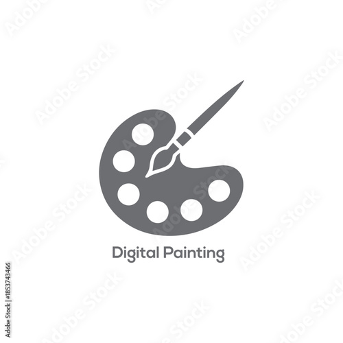 Minimal Digital Painting Icon with Palette and Brush, Monochrome Art Studio Logo Symbol for Creative Design and Illustration Projects

