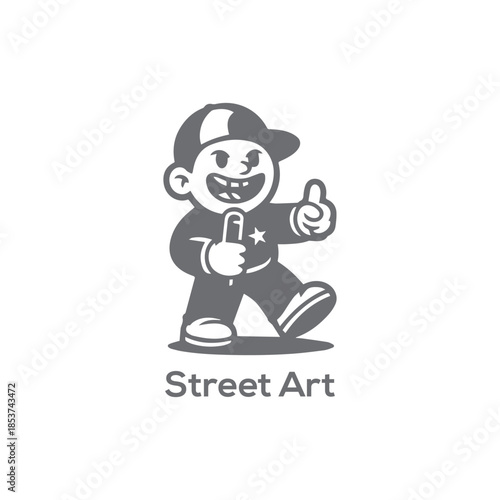 Cute Street Art Cartoon Character Logo, Urban Graffiti Kid Mascot Holding Marker, Monochrome Vector Illustration for Creative Branding Designs

