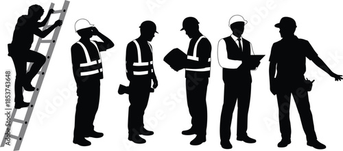 Professional Construction Worker Silhouette Set Featuring Engineers, Contractors on Ladders, and Site Managers with Blueprints