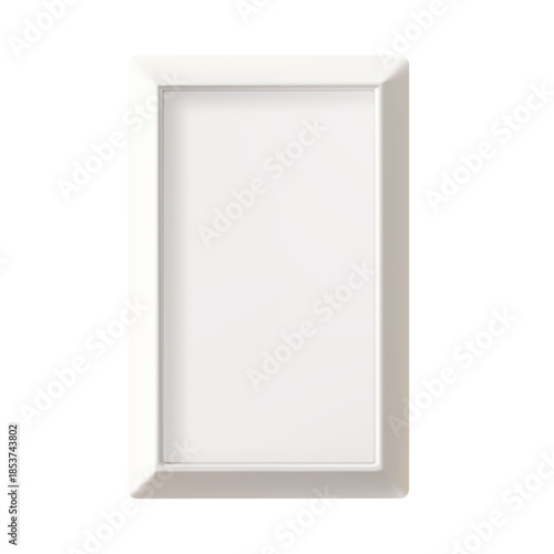 Vertical picture frame, rectangular light card. Portrait photo print mockup. Luxury border for art, product ad poster. Vector 3d render, empty wood photoframe on white wall. Realistic gallery template