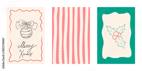 Contemporary Coquette Merry Christmas and Happy New Year greeting Posters vector Set. Whimsical decorations in trendy Coquette style. XMAS art with Bows and Ribbons