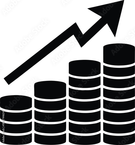 Financial growth chart with rising coin stacks silhouette vector icon