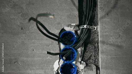 Elevated Blue Boxes With Wiring, Electrical Setup Showing Blue Boxes With Exposed Wiring Connections