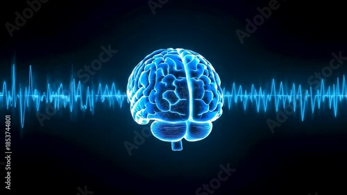 Glowing Blue Human Brain Anatomy Neural Waves Pulse Signal Dark Background Medical Visualization