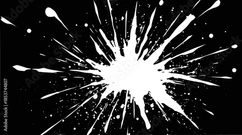 A stark white paint splatter explodes outwards on a solid black background, creating a dynamic and abstract visual effect.