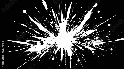 A dynamic white paint splatter exploding outwards on a stark black background, creating an abstract burst.