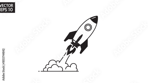 Minimalist rocket launch illustration showing a rocket taking off into the sky.