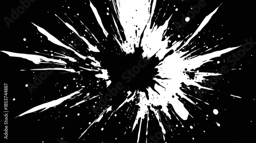 A high-contrast black and white abstract image featuring a dynamic white paint splatter or ink explosion radiating outwards from a central dark point.