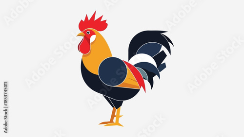 Cartoon vector illustration of a red rooster isolated on a white background featuring a stylized farm bird silhouette with artistic feathers and a sharp beak