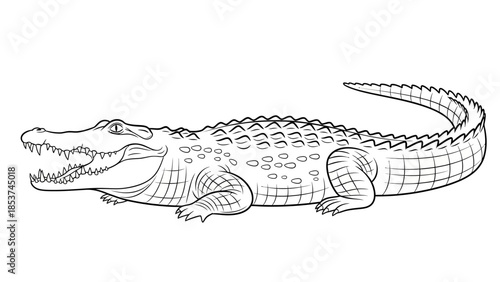 Hand drawn crocodile illustration of a dangerous wild reptile predator isolated on white background featuring a detailed sketch of the animal's mouth and skin in a tropical nature vector art style
