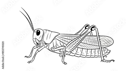 Vector illustration of a green grasshopper isolated on a white background featuring a macro closeup of the jumping insect's antenna and legs in a detailed nature wildlife creature style