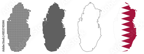 Qatar map set with dotted solid outline and flag style vector illustration