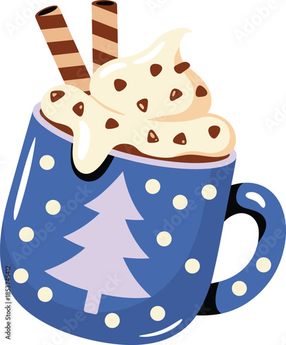 Christmas hot chocolate illustration with whipped cream marshmallows wafer sticks in cozy mug, winter holiday drink vector art design festive
