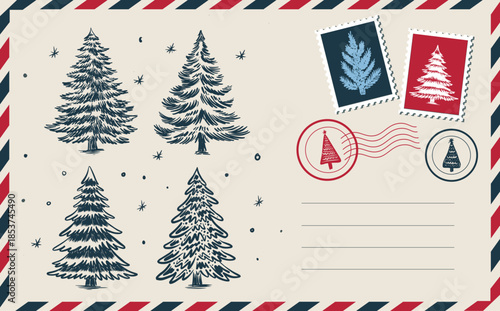 Christmas postcard with tree, New Year card