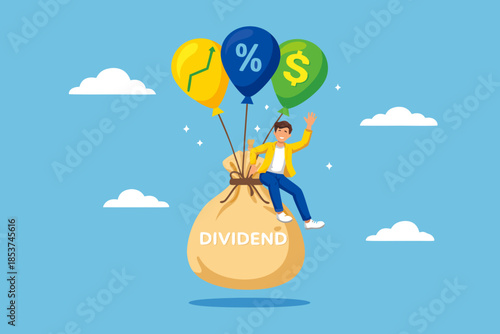dividend, stock investment return concept, happy businessman standing on money bag with the word dividend floating with dollar sign balloons