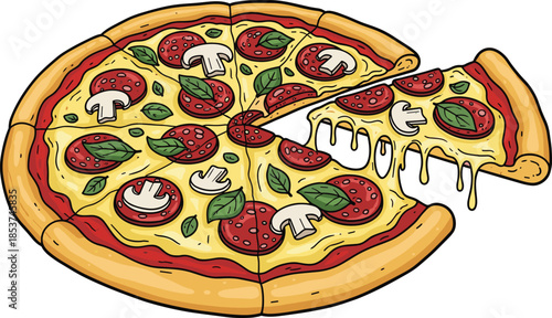 Cute pepperoni pizza illustration, cheesy slice with mushrooms basil toppings, delicious Italian food cartoon vector art isolated white background design