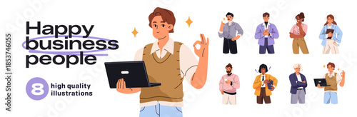 Happy business people set. Employees with positive emotions and approval hand gestures. Office workers show signs of success and winning. Flat isolated vector illustrations on white background
