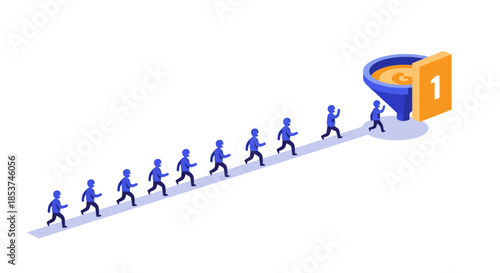 Blue Human Figures Walking Towards Funnel.