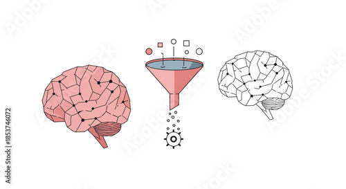Brain Filtering Information Through Funnel Illustration.