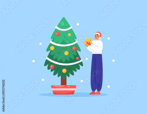 Concept illustration of a man decorating a Christmas tree. Pine or fir tree. Snow season and Christmas. Celebrations, events, parties, and festivals. Flat style design. Blue background