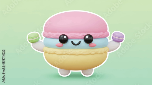Adorable pastel kawaii macaron character with a smiling face and tiny arms in a soft gradient background.