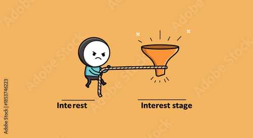 Cartoon Character Pulling Funnel with Rope.