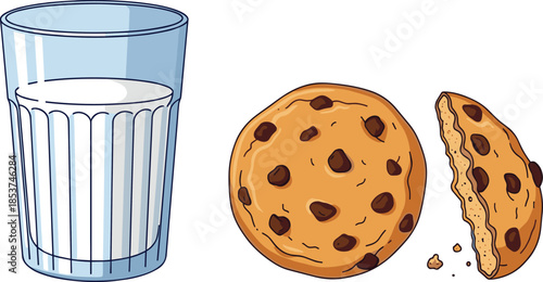 Glass of milk with chocolate chip cookies illustration, broken cookie crumbs, sweet snack dessert concept, vector isolated on white background