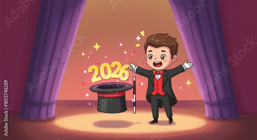 Cartoon Magician Standing with Top Hat.