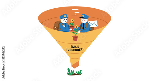 Cartoon People Filtering Email Subscribers Through Funnel.