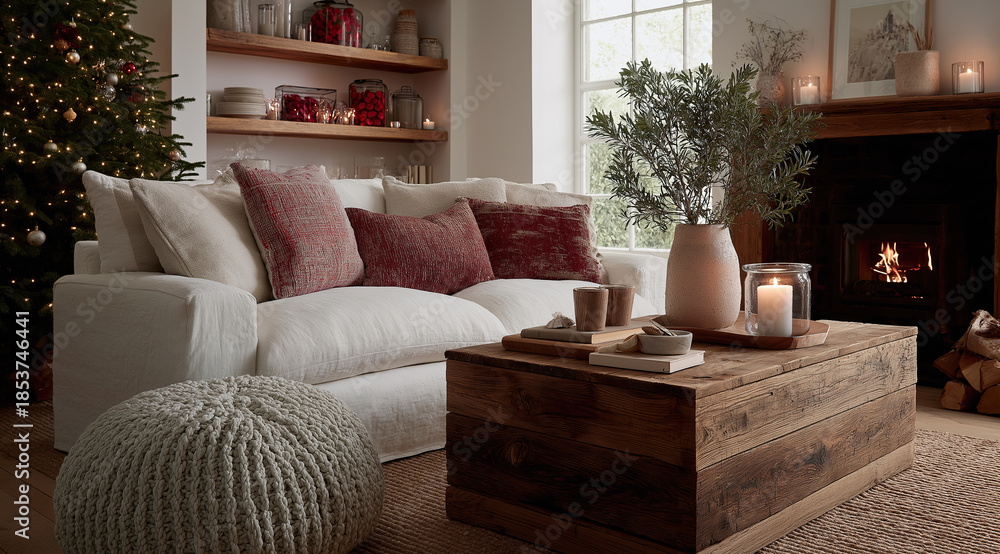 Naklejka premium Chunky knit pouf and rustic table accompany plush sofa near glowing hearth.