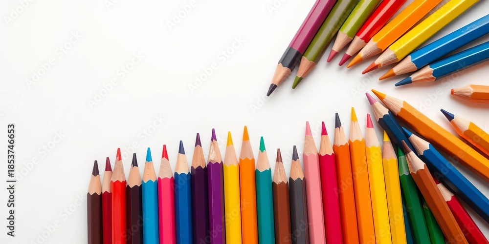 Fototapeta premium Vibrant colored pencils arranged artfully on white background, eraser, art materials