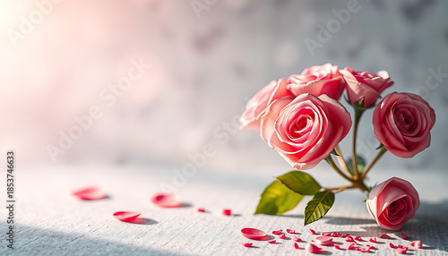 Pink rose flowers arranged as a delicate bouquet with scattered petals on a soft neutral background expressing romance love elegance and floral beauty.