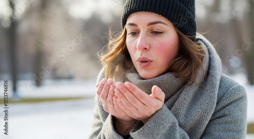 Young woman blowing warm air into hands in snowy winter park  