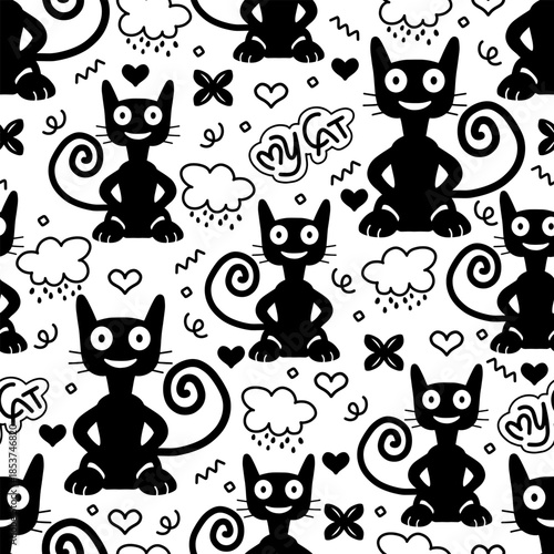 Seamless pattern with black cat cartoons and heart in doodle style on white background. vector illustration.