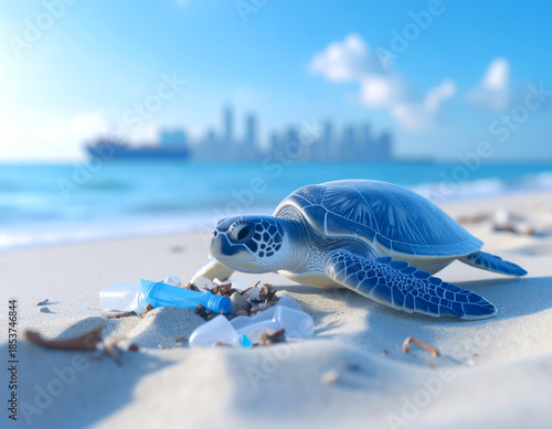 Sea turtle struggling on a polluted beach with plastic waste and ocean debris, environmental crisis concept  
Meeresschildkröte am verschmutzten Strand mit Plastikmüll