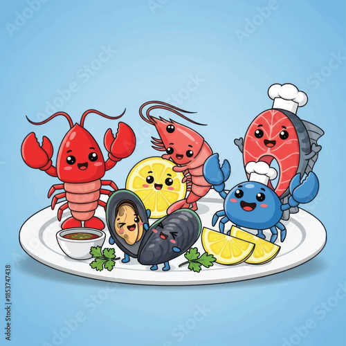 Playful Cartoon Seafood Plate Featuring Lobsters, Crabs, and Cheerful Characters on a Bright Blue Background.