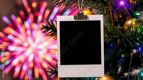 Blank polaroid hanging on Christmas tree with Fireworks background