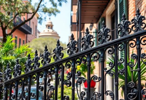 Intricate wrought iron railing, Savannah, Georgia historic district, classic southern architecture, fence, texture