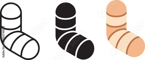 Leg cast vector icon set outline filled flat designs, broken bone recovery bandage illustration