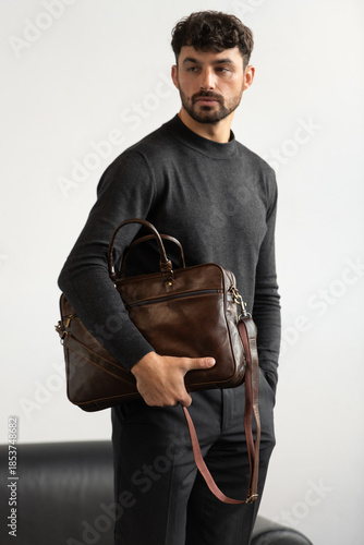 Professional male model in charcoal crewneck knitwear holding a dark brown leather briefcase in a minimalist studio setting